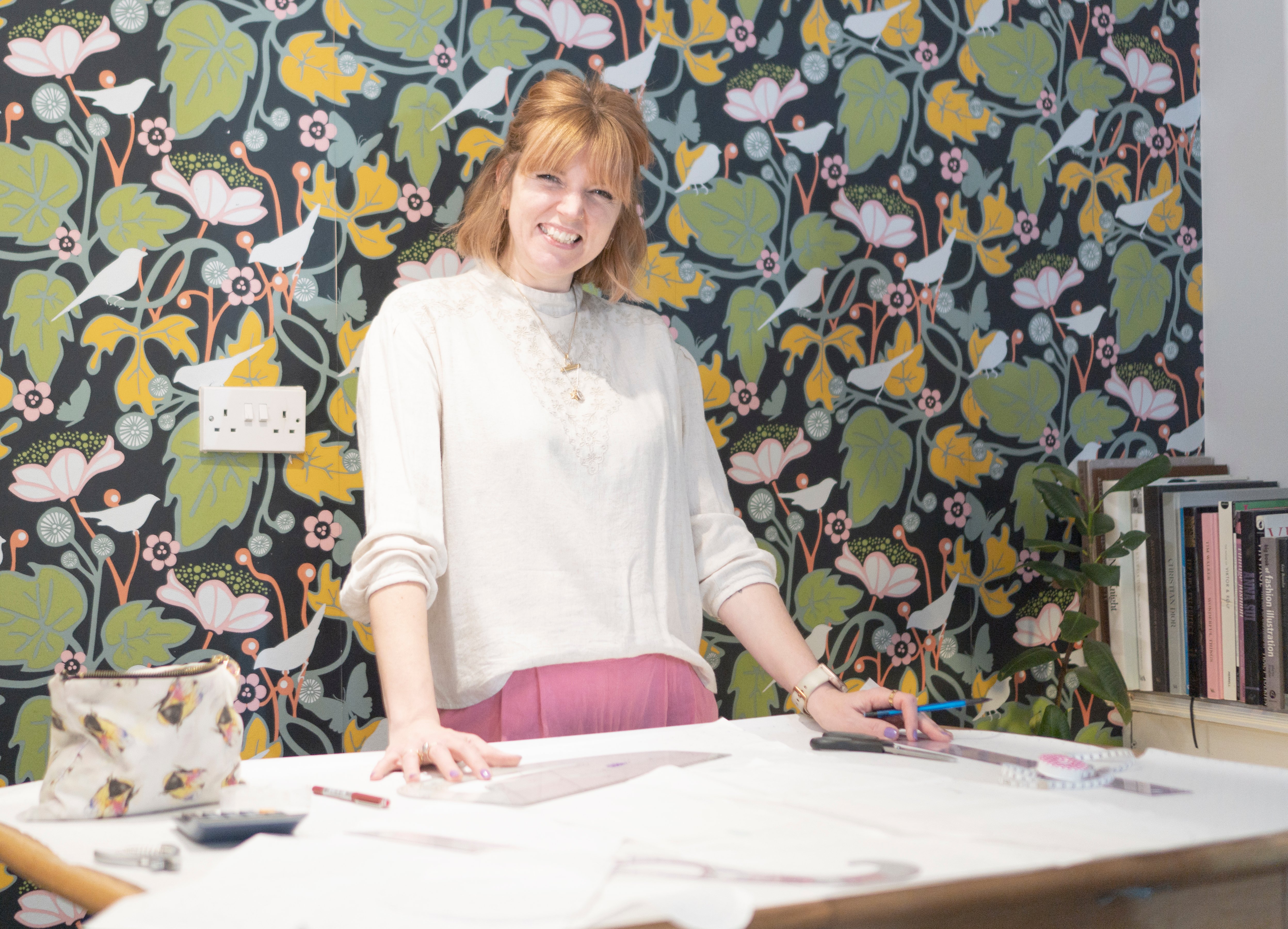 Becky from Pattern Paper Scissors at her desk